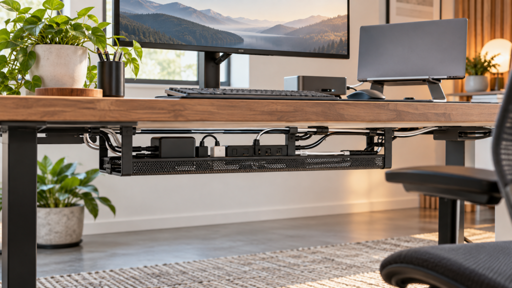 Clean under-desk cable management tray with neatly routed power and monitor cables