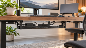 Clean under-desk cable management tray with neatly routed power and monitor cables