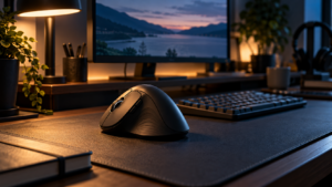 Dark home office desk with ergonomic mouse, keyboard, desk lamp, and monitor glow
