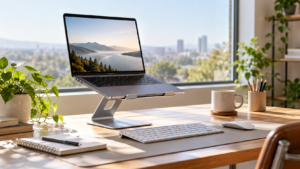 Bright home office desk with a laptop elevated on a stand, separate keyboard, and mouse