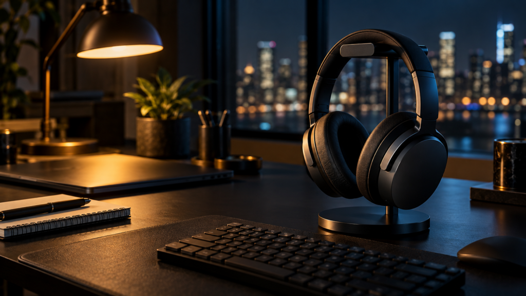 Dark home office desk with premium noise-canceling headphones near a warm lamp
