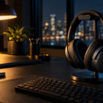 Dark home office desk with premium noise-canceling headphones near a warm lamp