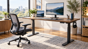 Modern home office with an electric standing desk, monitor, laptop, and ergonomic chair