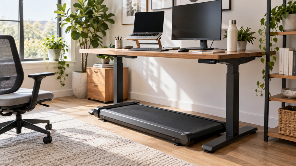 Walking pad under a standing desk in a bright home office