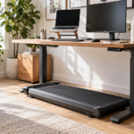 Walking pad under a standing desk in a bright home office