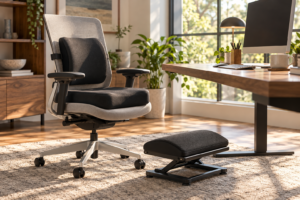Home office chair upgraded with lumbar support cushion, seat cushion, and footrest