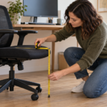 Remote worker measuring the seat height and depth of a black mesh office chair in a home office