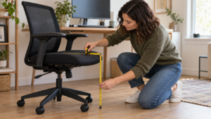 Remote worker measuring the seat height and depth of a black mesh office chair in a home office