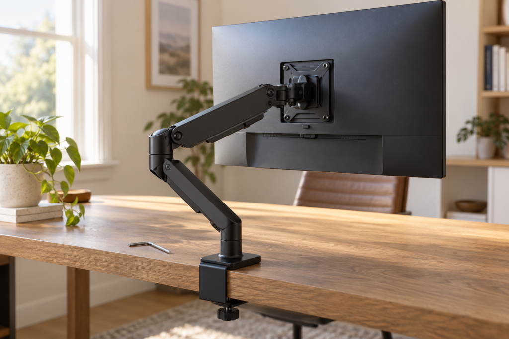 AI-generated illustration of a monitor arm, tilt pivot and desk clamp in a home office.