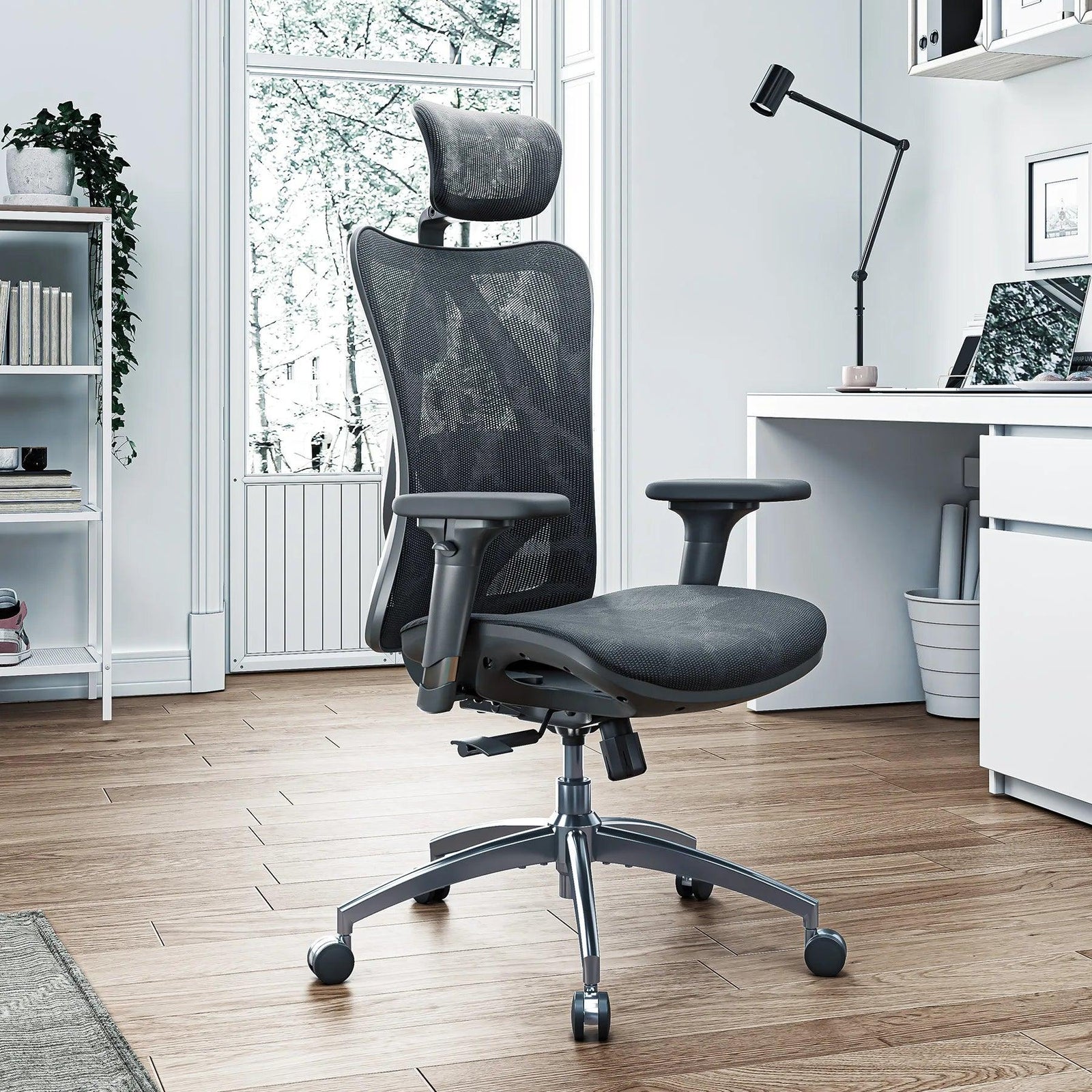 SIHOO M57 black full-mesh ergonomic office chair in a bright home office