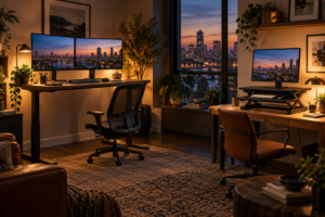 Home office with electric standing desk and desktop standing desk converter comparison