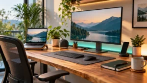 Smart workspace setup with monitor laptop and ambient lighting