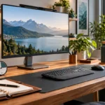 Polished productivity desk setup with monitor keyboard and planner