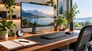 Polished productivity desk setup with monitor keyboard and planner