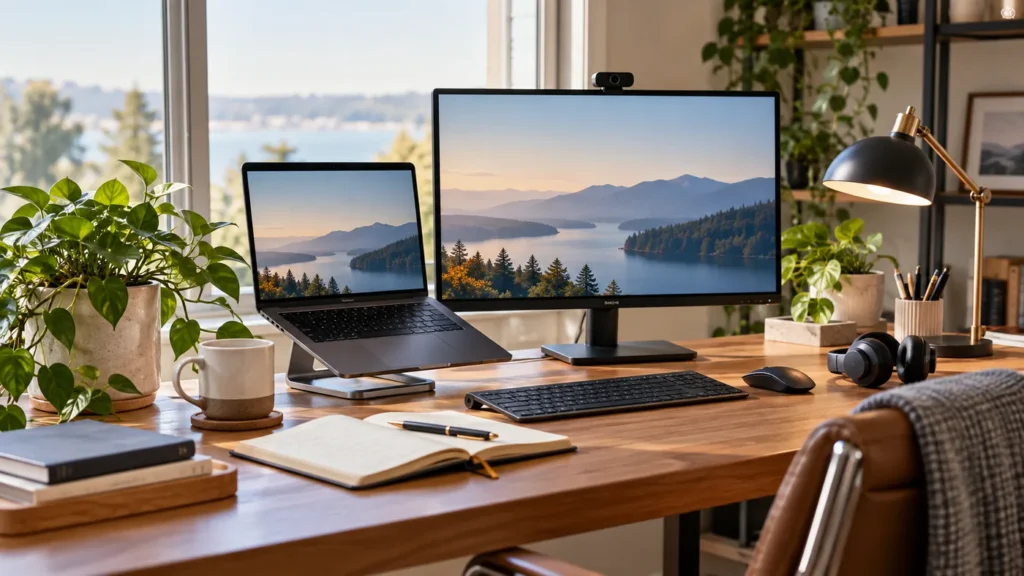 Productive remote work desk setup with laptop monitor and webcam
