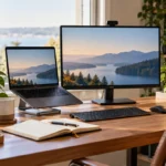 Productive remote work desk setup with laptop monitor and webcam