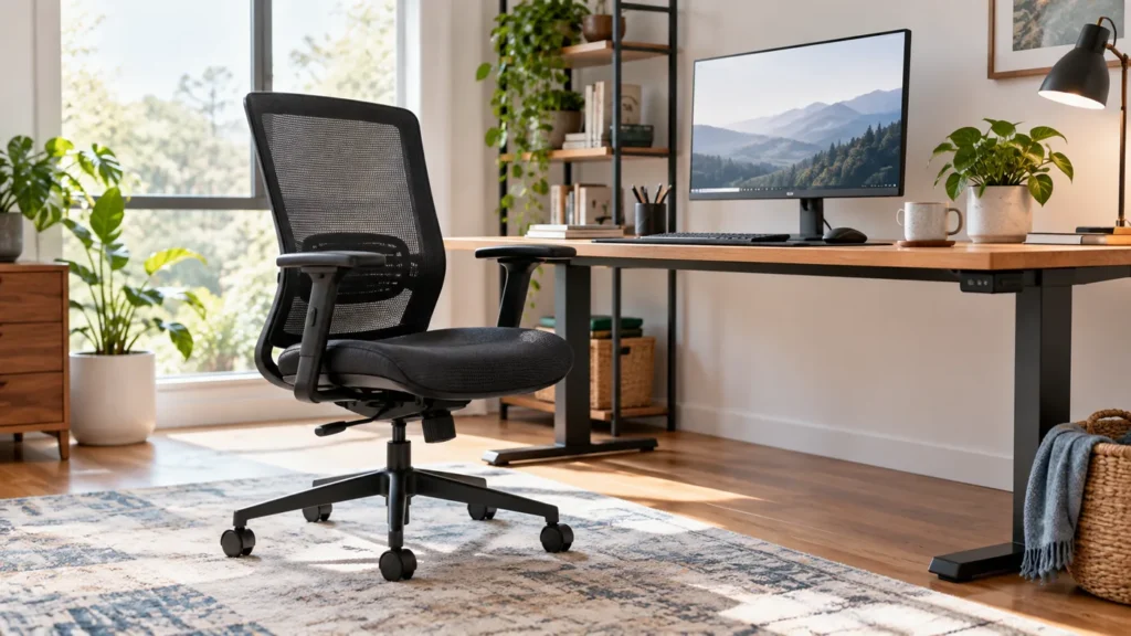 Ergonomic mesh chair in a bright home office