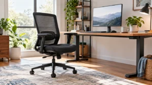 Ergonomic mesh chair in a bright home office