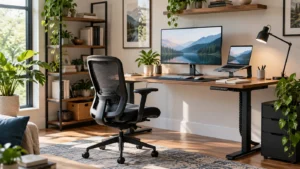 Efficient home office setup with standing desk and ergonomic chair