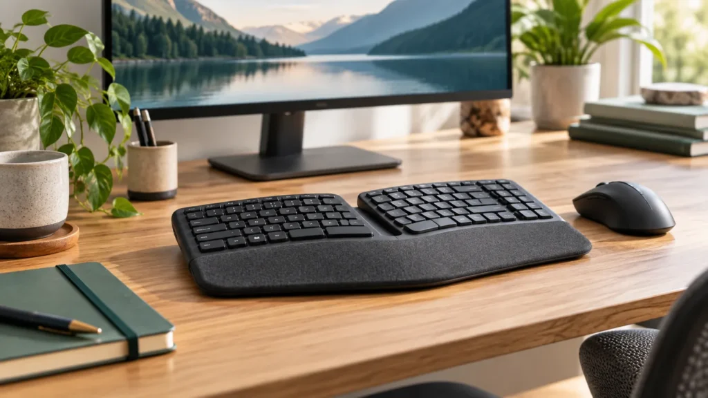 Ergonomic split keyboard on a clean home office desk