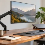 Modern home office desk with a monitor arm holding a display above a clean workspace