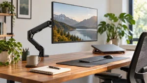 Modern home office desk with a monitor arm holding a display above a clean workspace