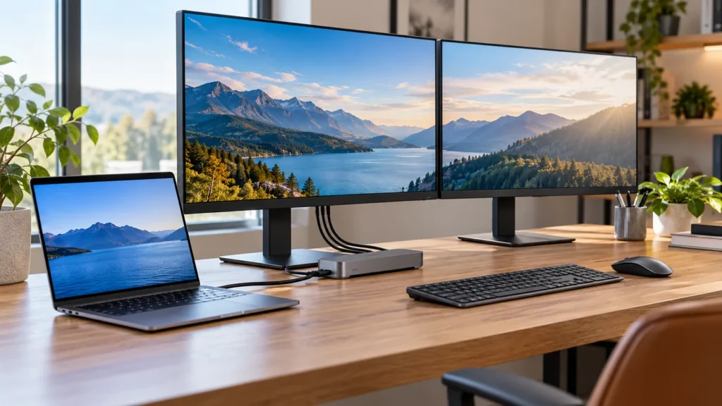 Dual monitor home office setup connected to a compact USB-C docking station
