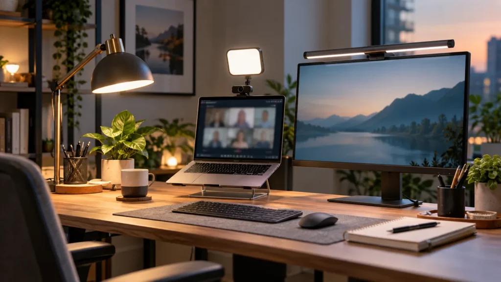 Home office desk with warm desk lamp, monitor light bar, and video call lighting