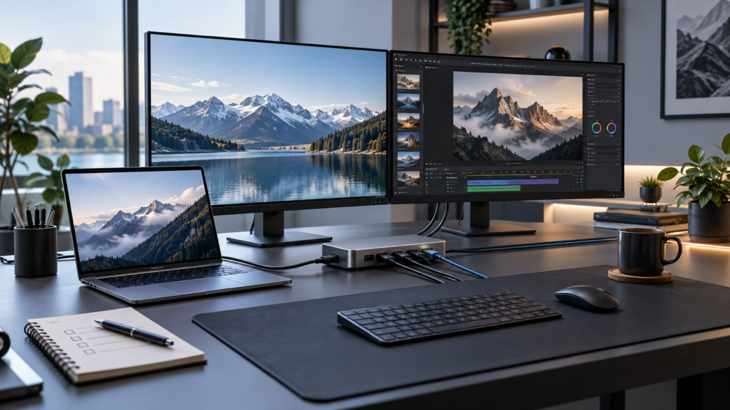 USB-C docking station connected to laptop and dual monitors in a clean home office
