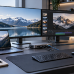 USB-C docking station connected to laptop and dual monitors in a clean home office